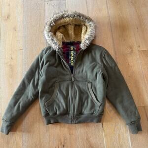 Vintage Hydraulic Brown Fur Hood Plaid Interior Coat Size M